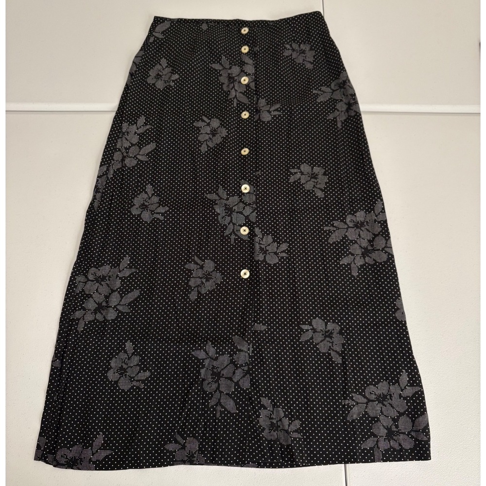 Liz Claiborne Liz Sport Petite Black Polka Dot Floral Midi Button Front Skirt xx